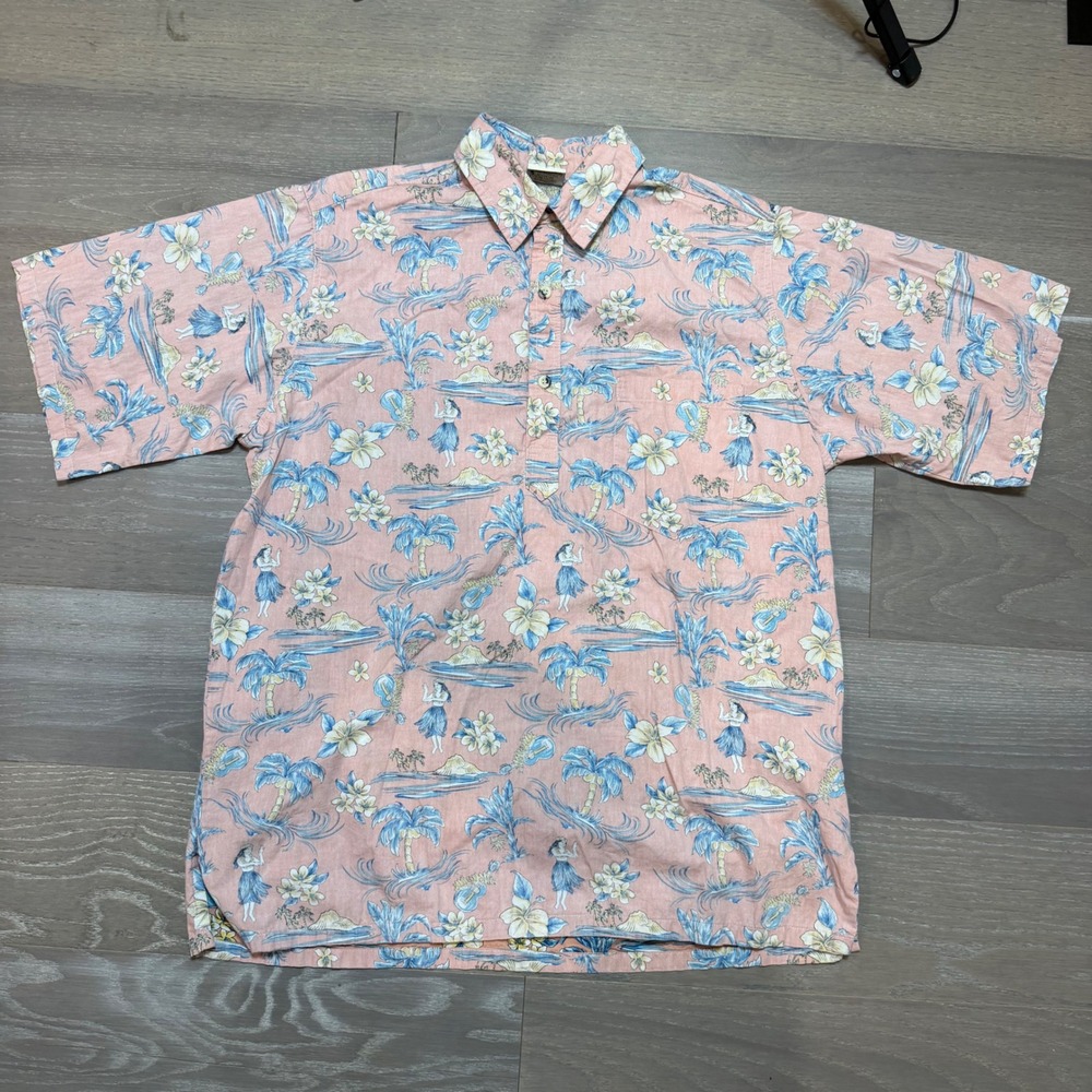 Go Barefoot Mens Pink Tropical Hula Print Cotton Hawaiian Popover Shirt LGR USA